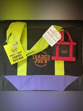 New Trader Joe's Neon Green & Black Canvas Tote with Purple Trim & micro tote